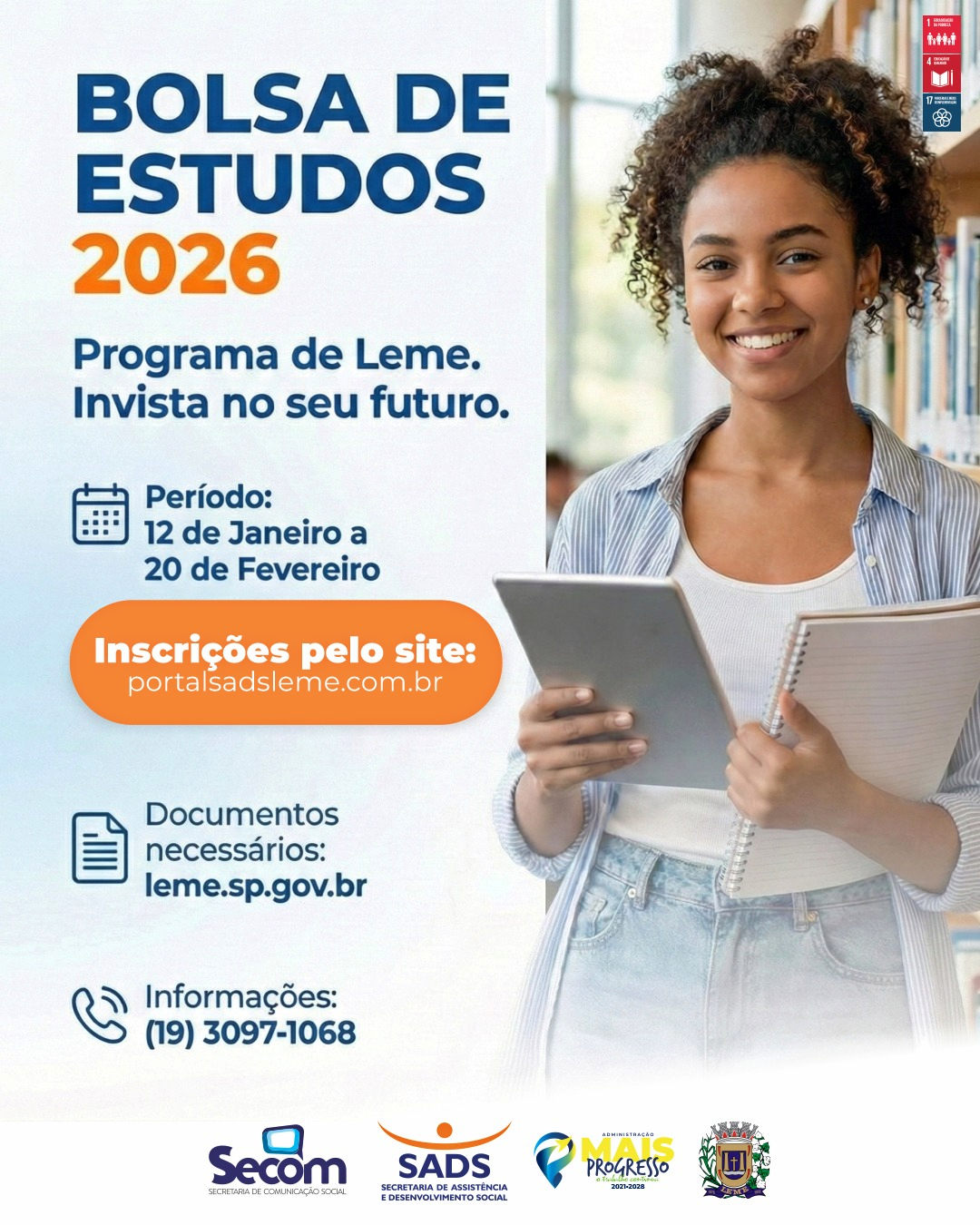 Prefeitura de Leme abre inscrições para o Programa de Bolsa de Estudos 2026